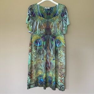 Y2K 1990s Stretchy Peacock Babydoll Dress Women M Green Fairy Sparkle Earthy